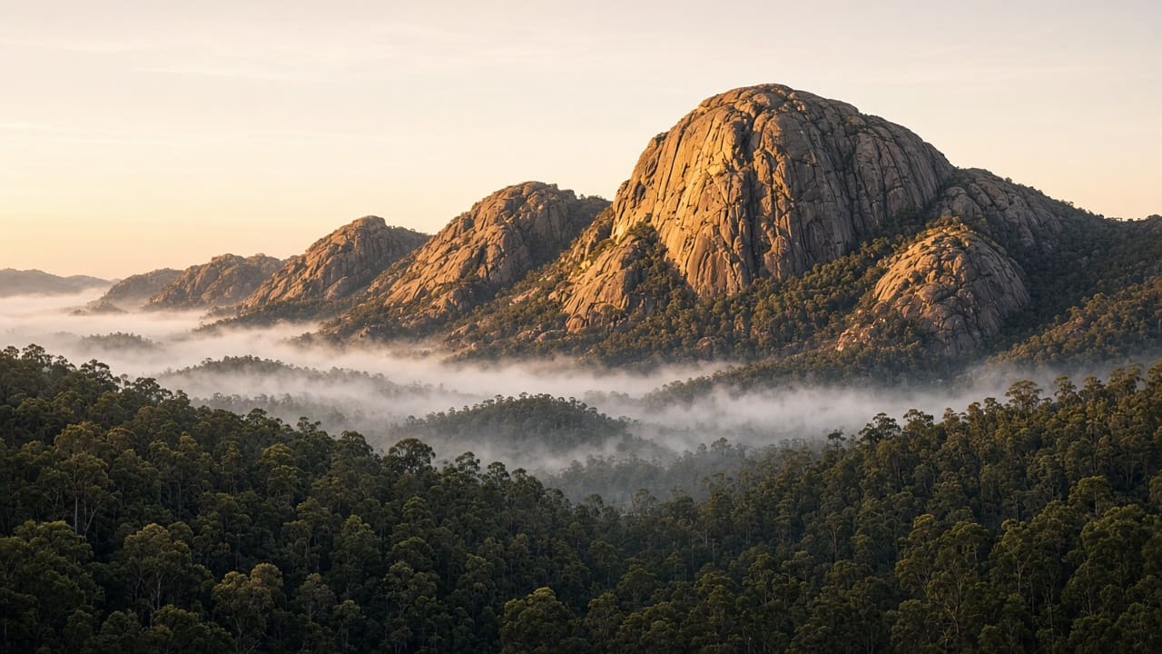 Dawn light on granite domes and karri forest in the Porongurup Range
